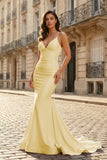 Pink Mermaid Spaghetti Straps Satin Long Prom Dresses with Train