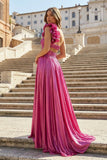 A-Line Fuchsia One Shoulder Keyhole Pleated Metallic Prom Dress with Slit