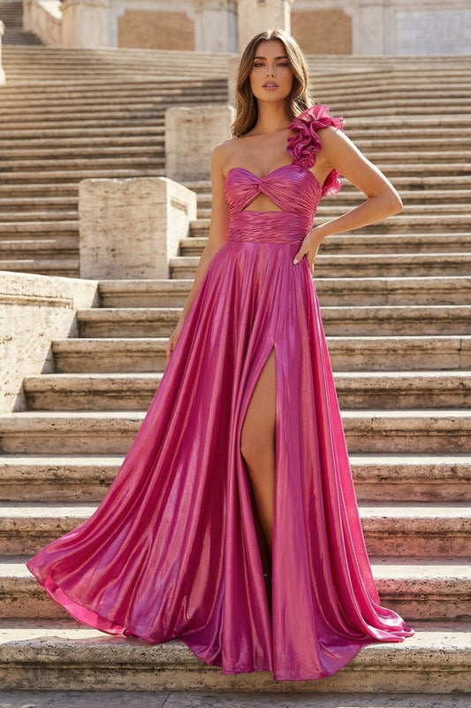 A-Line Fuchsia One Shoulder Keyhole Pleated Metallic Prom Dress with Slit