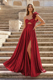 A-Line Fuchsia One Shoulder Keyhole Pleated Metallic Prom Dress with Slit