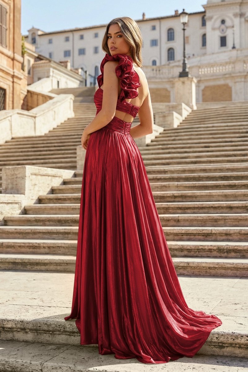 A-Line Fuchsia One Shoulder Keyhole Pleated Metallic Prom Dress with Slit