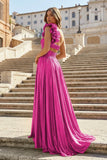 A-Line Fuchsia One Shoulder Keyhole Pleated Metallic Prom Dress with Slit