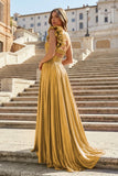 A-Line Fuchsia One Shoulder Keyhole Pleated Metallic Prom Dress with Slit