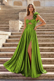 A-Line Fuchsia One Shoulder Keyhole Pleated Metallic Prom Dress with Slit