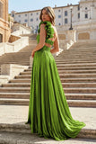 A-Line Fuchsia One Shoulder Keyhole Pleated Metallic Prom Dress with Slit