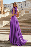A-Line Fuchsia One Shoulder Keyhole Pleated Metallic Prom Dress with Slit
