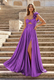 A-Line Fuchsia One Shoulder Keyhole Pleated Metallic Prom Dress with Slit