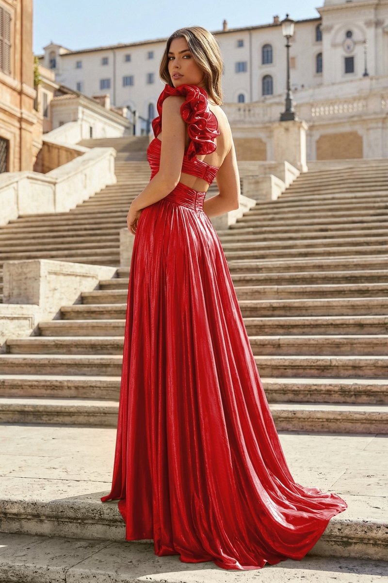 A-Line Fuchsia One Shoulder Keyhole Pleated Metallic Prom Dress with Slit