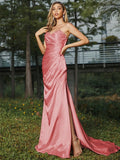 Sheath/Column Silk like Satin Ruched Sweetheart Sleeveless Sweep/Brush Train Bridesmaid Dresses Evening Dress