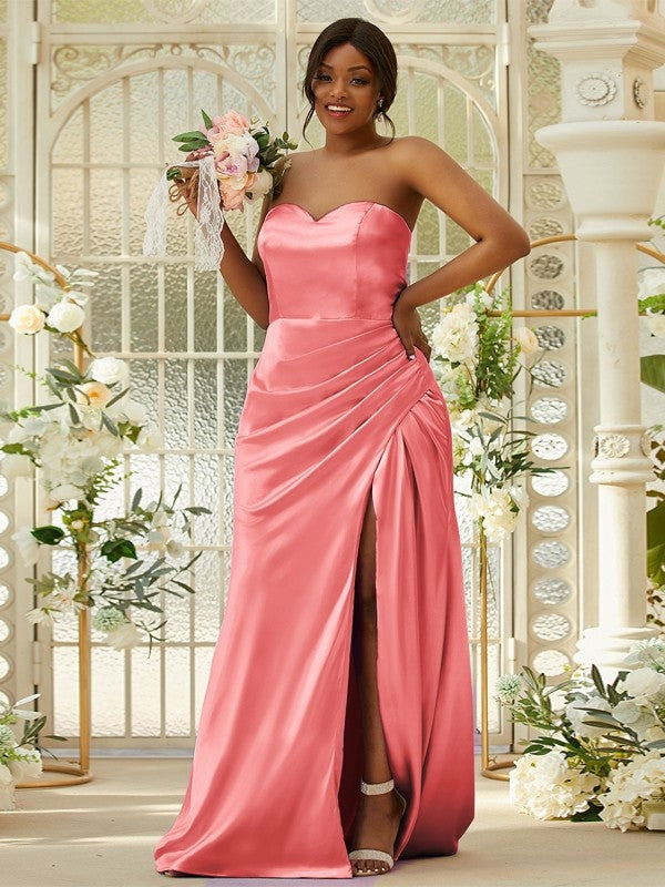 Sheath/Column Silk like Satin Ruched Sweetheart Sleeveless Sweep/Brush Train Bridesmaid Dresses Evening Dress