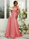 A-Line/Princess Silk like Satin Ruffles Off-the-Shoulder Sleeveless Sweep/Brush Train Bridesmaid Dresses Evening Dress