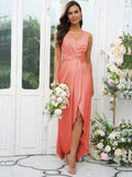 A-Line/Princess Charmeuse Ruched V-neck Sleeveless Sweep/Brush Train Bridesmaid Dresses Evening Dress
