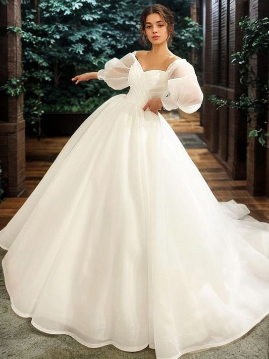 Ballkleid Organza gerüscht Herzausschnitt 3/4 Ärmel Hofschleppe Brautkleider Brautkleider
