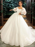 Ballkleid Organza gerüscht Herzausschnitt 3/4 Ärmel Hofschleppe Brautkleider Brautkleider