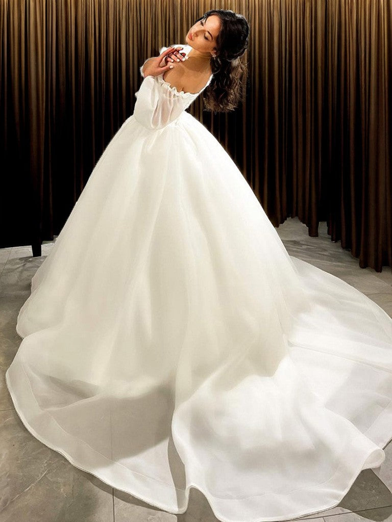 Ballkleid Organza gerüscht Herzausschnitt 3/4 Ärmel Hofschleppe Brautkleider Brautkleider