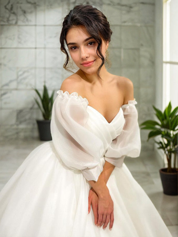 ruched organza wedding dress Long Organza Wedding Dress, Drop Sleeve Organza Wedding Dress, off Shoulder Wedding Dress, Dress With Train, Elopement Dress, Romantic Dress