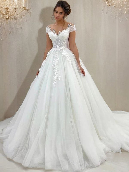 A-Linie/Princess-Linie Tüll Spitze U-Ausschnitt Kurze Ärmel Sweep/Pinsel zug Brautkleider