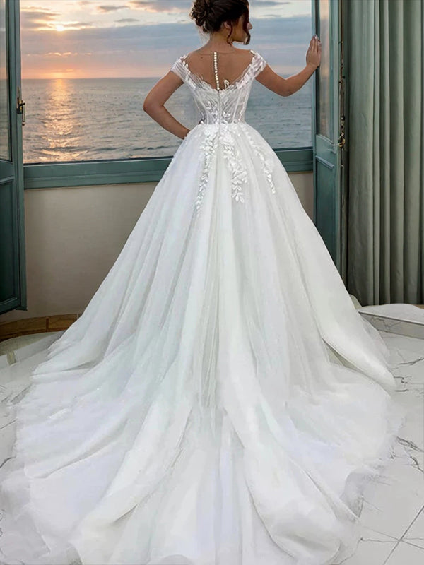 A-Linie/Princess-Linie Tüll Spitze U-Ausschnitt Kurze Ärmel Sweep/Pinsel zug Brautkleider