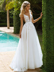 Vestidos de novia de corte A/princesa, tul, encaje, escote en V, sin mangas, cola larga