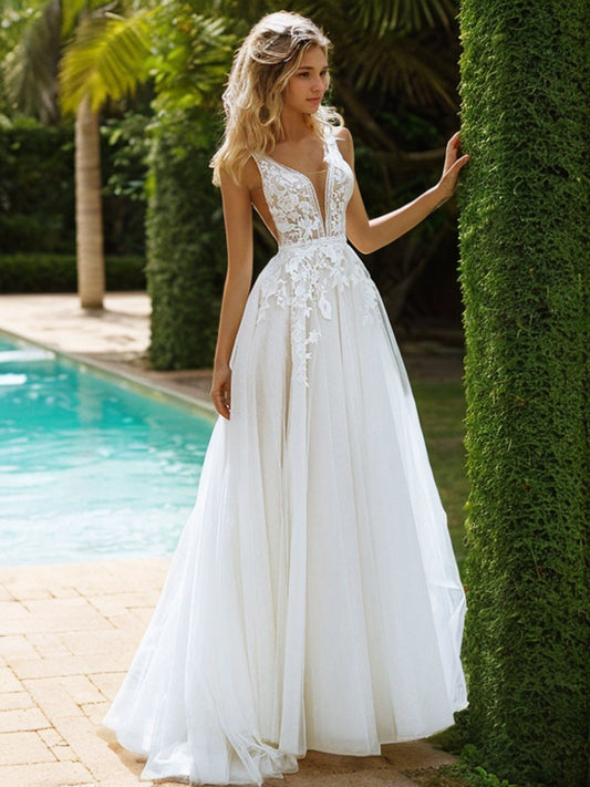 A-Line/Princess Tulle Lace V-neck Sleeveless Sweep/Brush Train Wedding Dresses Bridal Gowns