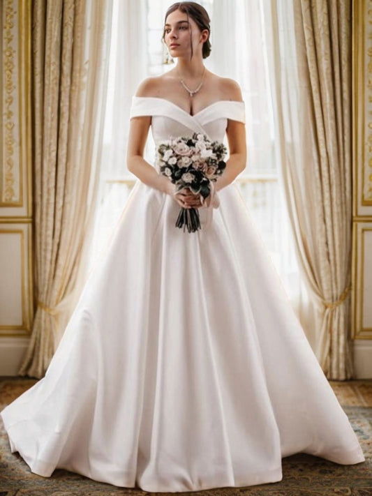 A-Linie/Princess-Linie Satin Rüschen Off-the-Shoulder-Träger Ärmellos Sweep/Pinsel zug Brautkleider