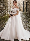 A-Linie/Princess-Linie Satin Rüschen Off-the-Shoulder-Träger Ärmellos Sweep/Pinsel zug Brautkleider