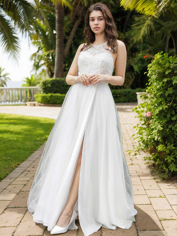 A-Linie/Princess-Linie Tüll Spitze U-Ausschnitt Ärmellos Bodenlang Brautkleider