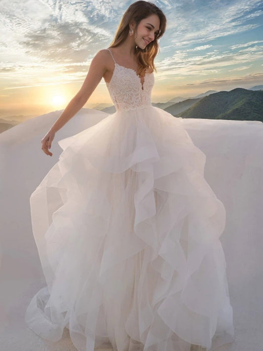 Vestidos de novia de corte A/princesa, tul, encaje, escote en V, sin mangas, cola larga