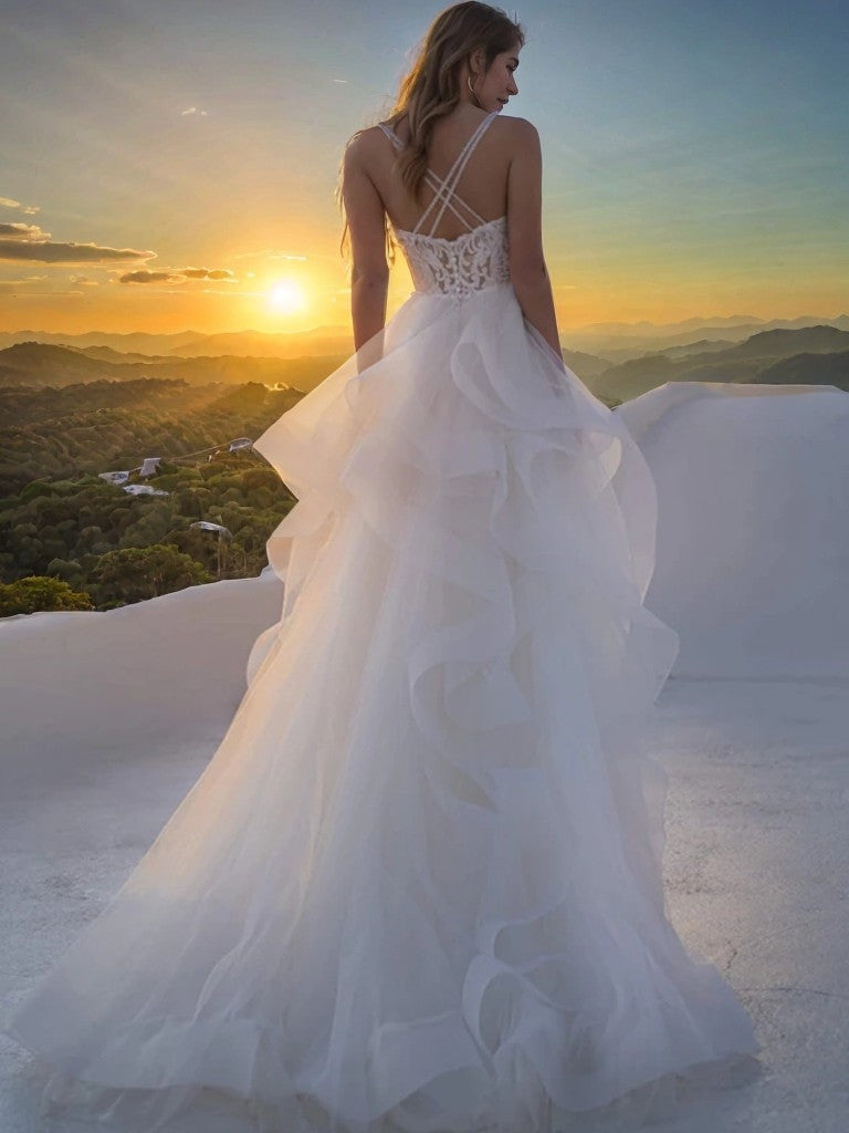 A-Line/Princess Tulle Lace V-neck Sleeveless Sweep/Brush Train Wedding Dresses Bridal Gowns