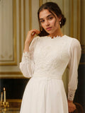 A-Line/Princess Chiffon Lace Jewel Long Sleeves Floor-Length Wedding Dresses Bridal Gowns