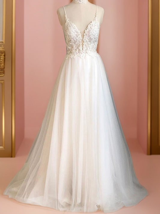 A-Linie/Princess-Linie Tüll Applikationen V-Ausschnitt Ärmellos Sweep/Pinsel zug Brautkleider