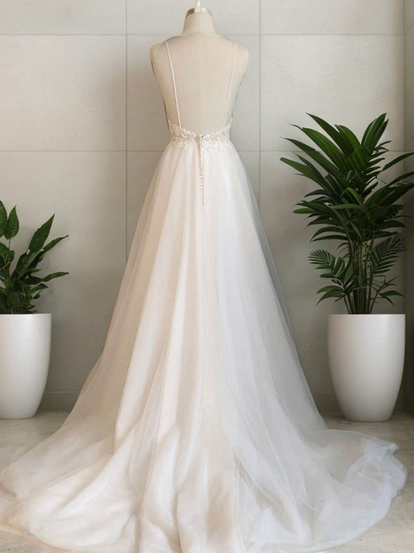 A-Linie/Princess-Linie Tüll Applikationen V-Ausschnitt Ärmellos Sweep/Pinsel zug Brautkleider