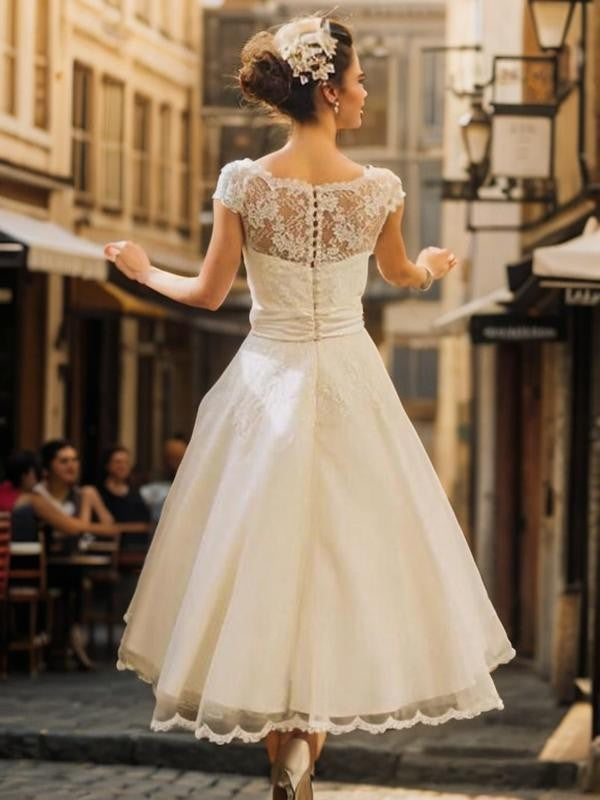 A-Linie/Princess-Linie Tüll Spitze U-Ausschnitt Kurze Ärmel Wadenlang Brautkleider