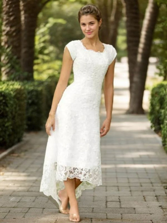 A-Line/Princess Lace Scoop Short Sleeves Asymmetrical Wedding Dresses Bridal Gowns