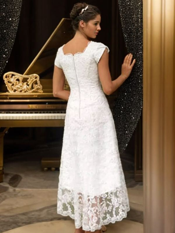 A-Line/Princess Lace Scoop Short Sleeves Asymmetrical Wedding Dresses Bridal Gowns