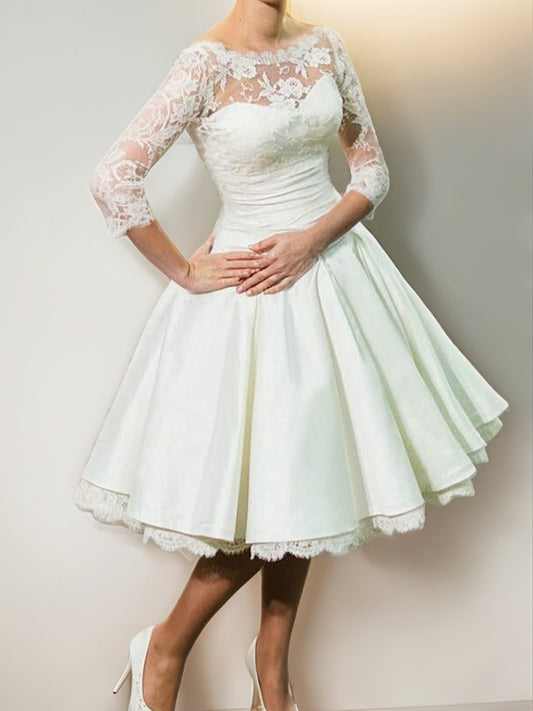 A-Linie/Princess-Linie Stretch-Krepp-Spitze U-Ausschnitt 3/4-Ärmel Knielang Brautkleider Brautkleider
