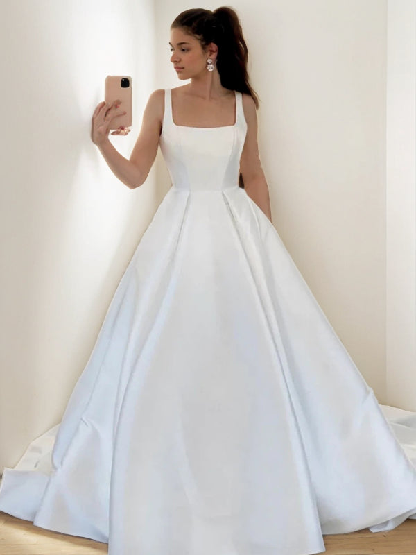A-Linie/Princess-Linie Satin Rüschen Rechteckiger Ausschnitt Ärmellos Sweep/Pinsel zug Brautkleider