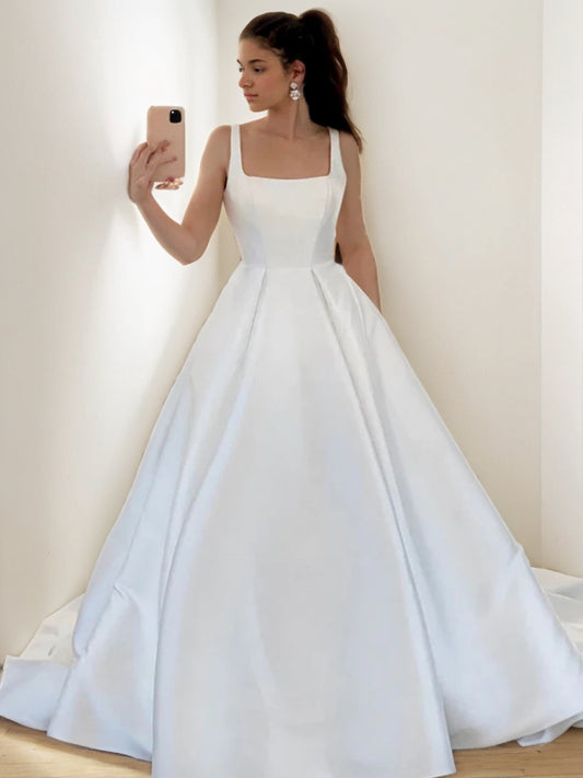 A-Linie/Princess-Linie Satin Rüschen Rechteckiger Ausschnitt Ärmellos Sweep/Pinsel zug Brautkleider