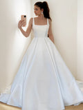 A-Linie/Princess-Linie Satin Rüschen Rechteckiger Ausschnitt Ärmellos Sweep/Pinsel zug Brautkleider