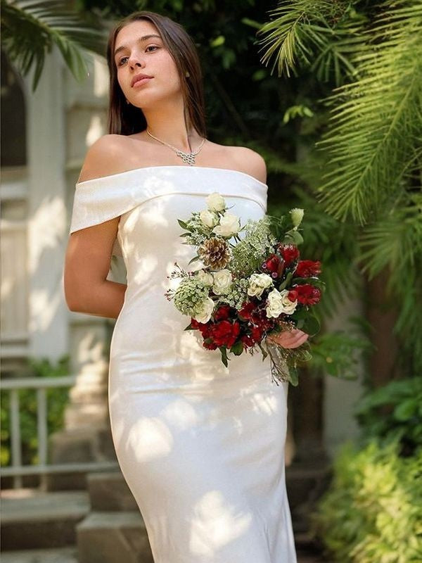 Etui-Linie/Säule Stretch Crepe Rüschen Off-the-Shoulder Ärmellos Bodenlang Brautkleider Brautkleider