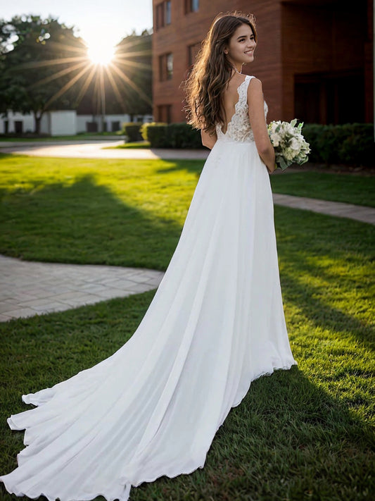 A-Linie/Princess-Linie Chiffon Spitze V-Ausschnitt Ärmellos Kapelle-schleppe Brautkleider