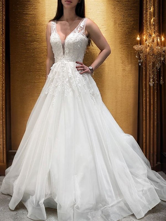 A-Line/Princess Tulle Applique V-neck Sleeveless Sweep/Brush Train Wedding Dresses Bridal Gowns