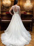 A-Line/Princess Tulle Applique V-neck Sleeveless Sweep/Brush Train Wedding Dresses Bridal Gowns