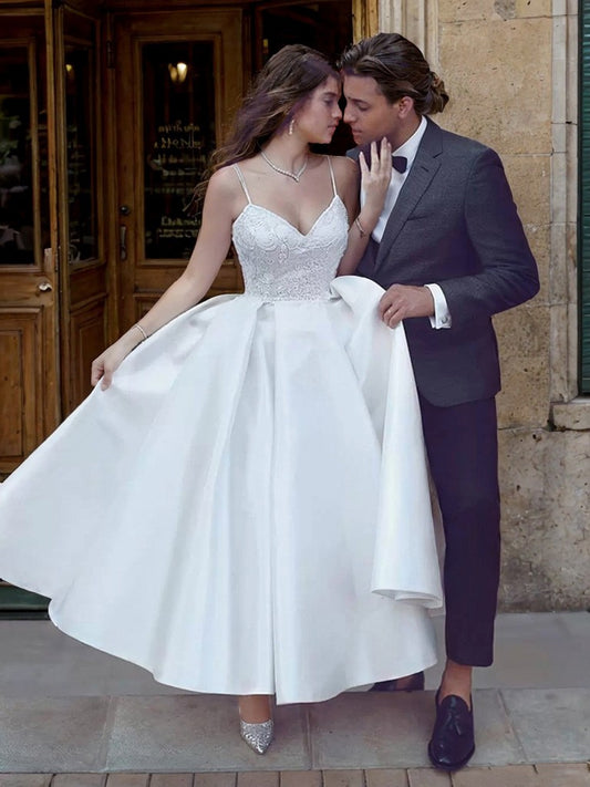 A-Line/Princess Satin Applique V-neck Sleeveless Ankle-Length Wedding Dresses Bridal Gowns