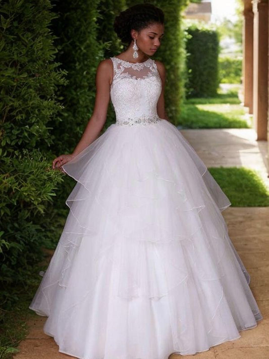 A-Line/Princess Organza Layers Jewel Sleeveless Floor-Length Wedding Dresses Bridal Gowns