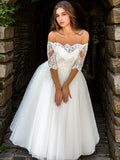 A-Line/Princess Tulle Lace Off-the-Shoulder 1/2 Sleeves Ankle-Length Wedding Dresses Bridal Gowns