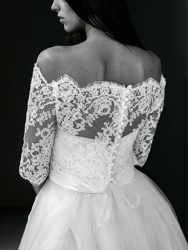 A-Line/Princess Tulle Lace Off-the-Shoulder 1/2 Sleeves Ankle-Length Wedding Dresses Bridal Gowns