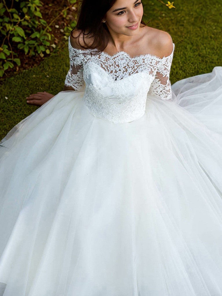 A-Line/Princess Tulle Lace Off-the-Shoulder 1/2 Sleeves Ankle-Length Wedding Dresses Bridal Gowns