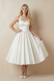 White A-Line Halter Sleeveless Tea Length Satin Bridal Gowns With Bow(s) Pleats