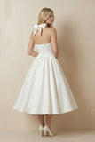 White A-Line Halter Sleeveless Tea Length Satin Bridal Gowns With Bow(s) Pleats